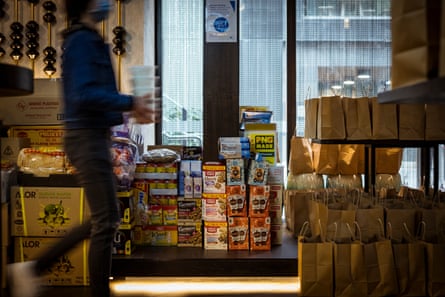 Supplies and free bags of essentials are seen at Tian38, a Melbourne restaurant run by Alan Chong, which is giving away free meals to young Melbournians.