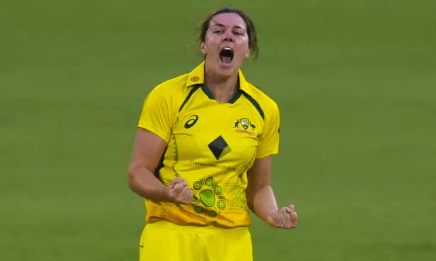 Tahlia McGrath of Australia celebrates after claiming the wicket of Sophia Dunkley of England for 5 runs.