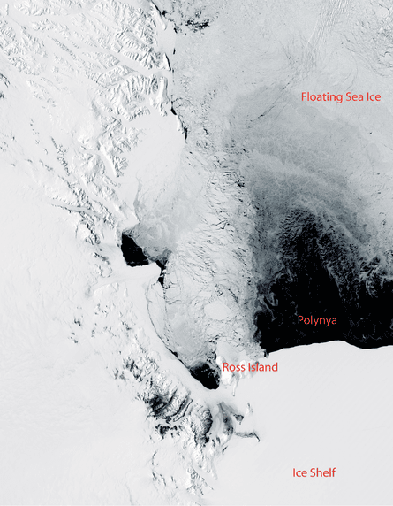 A polynya off the coast of Antarctica, near Ross Island and McMurdo Station on November 16, 2011.