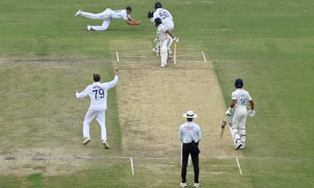 Joe Root (top left) catches out India’s Sarfaraz Khan from the bowling of the impressive Tom Hartley (bottom left).