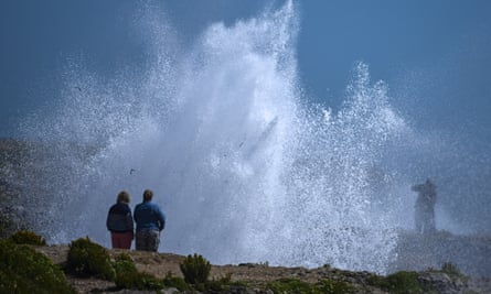 Waves hit the coast at Portland Bill, Dorset, during Storm Antoni.