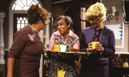 Julie Walters, centre, as Mrs Overall in the spoof soap Acorn Antiques, written by Victoria Wood, left, and also starring Celia Imrie, right.