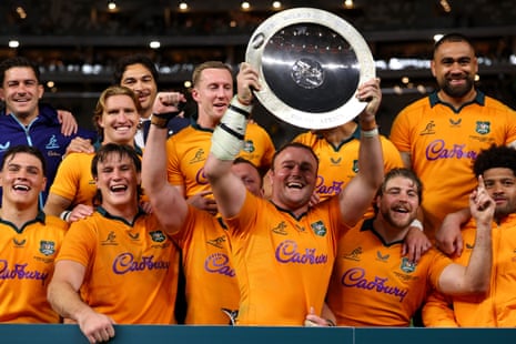 Harry Wilson of the Wallabies celebrates with the Mandela Plate after a win against South Africa