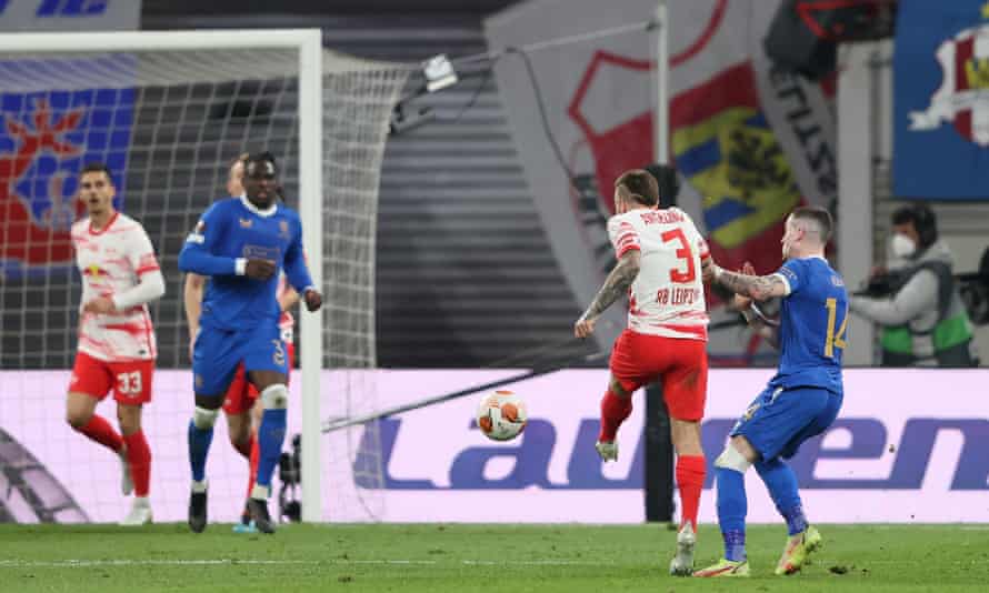 Angelino of Leipzig scores the opening goal of the game.