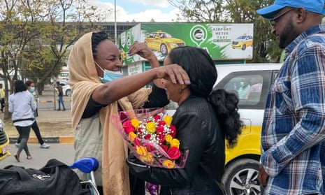 Passengers arriving from Tigray are greeted by relatives at the Bole International Airport in Addis Ababa.