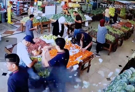 CCTV footage of the moment a pager exploded in a vegetable shop in Lebanon.