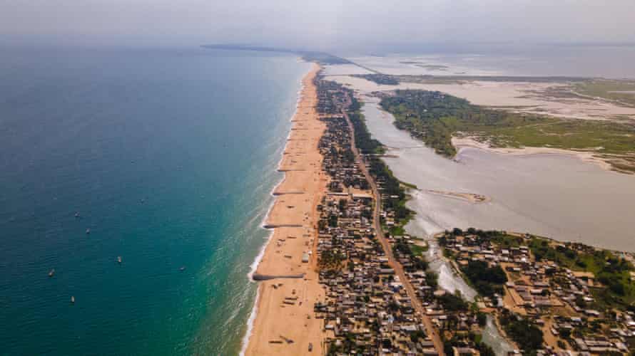 An aerial view of groynes on beaches on the Ghanian coastline