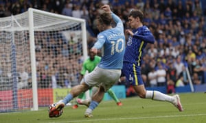 Jack Grealish of Manchester City takes on Chelsea’s Andreas Christensen.
