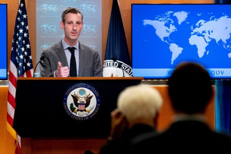 A man stands at a podium during a news conference at the State Department in Washington DC.