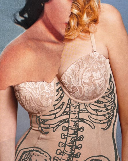 A composite image showing a woman with corset on with a skeleton drawing on it.