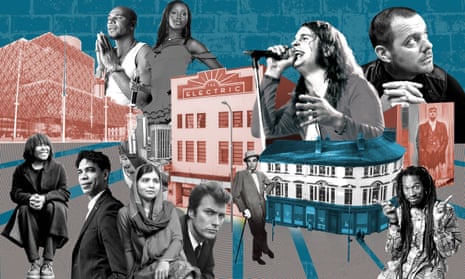 An illustration in tones of blue, grey and red, of people connected with Birmingham arranged around some of its landmark buildings