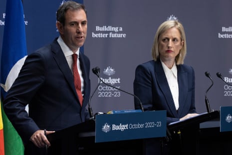 Treasurer Jim Chalmers and finance minister Katy Gallagher at a press conference in the budget lockup in Parliament House, Canberra
