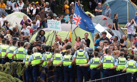 Police and protesters outside parliament in Wellington