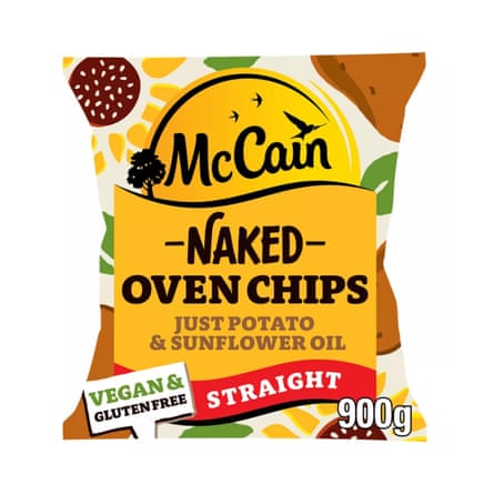 900g container of McCain naked oven chips, consecutive cut.