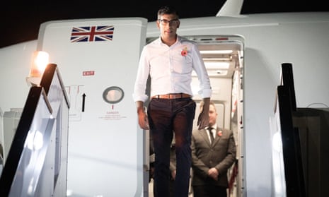 Rishi Sunak arriving in Sharm el-Sheikh, Egypt, to attend the Cop27 climate summit on Sunday evening.