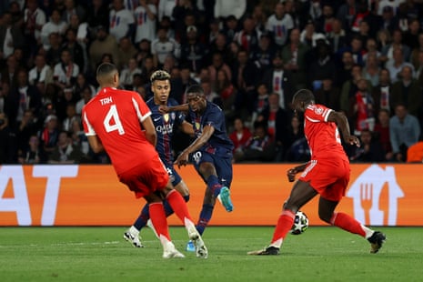 Ousmane Dembele slots the ball home for his second, and PSG’s fifth goal of the night.