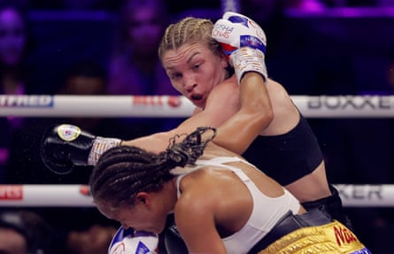 Lauren Price punches Natasha Jonas in the face during the all women’s boxing card at the Royal Albert Hall