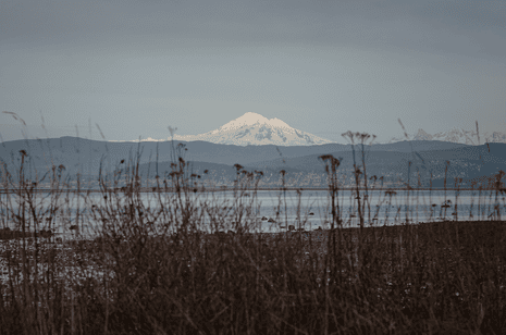Mount Baker as seen from the tidelands at the Lummi reservation in Washington state.