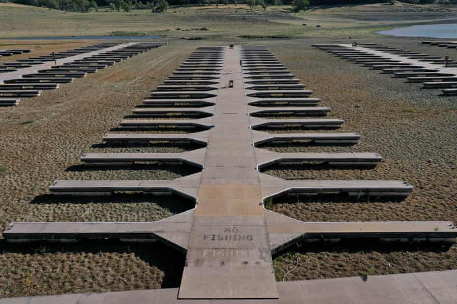 Boat docks sit on dry land at Folsom Lake in El Dorado Hills.