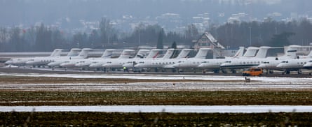Passenger jets are parked at the Swiss air force base in Duebendorf in January 2016