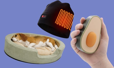 From left: A heated dog bed from Pet Circle, a heated beanie from Amazon and an avocado-shaped electric hand warmer from Azau