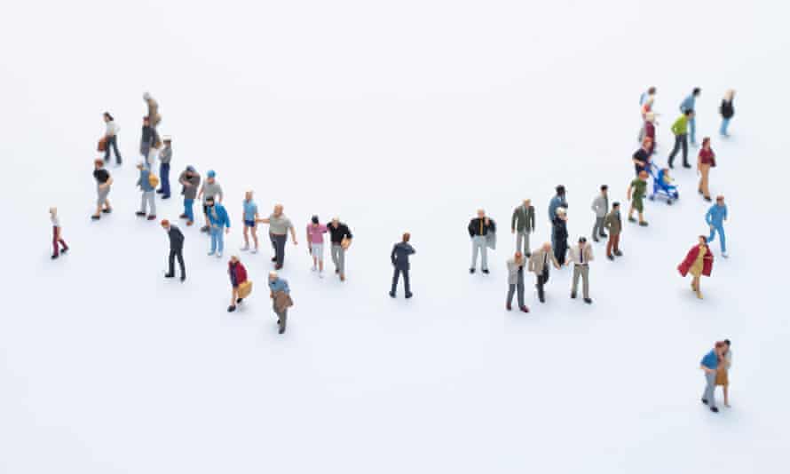 An illustration of a group of around 35-40 people standing in a rough semi-circle, each going their own way