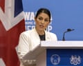 Priti Patel in Kigali in April 2022, addressing the media after signing an ‘economic development partnership’ between the UK and Rwanda.