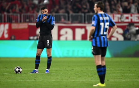 Gianluca Scamacca looks dejected during Atalanta’s Champions League match against Bayern Munich.