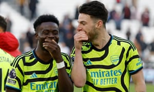 West Ham United v Arsenal F.A. Premier League match<br>Bukayo Saka and Declan Rice share a joke after their 6-0 win during the F.A. Premier League match between West Ham United and Arsenal at the London Stadium on February 11th 2024 in London, England (Photo by Tom Jenkins)