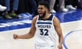 Karl-Anthony Towns of the Minnesota Timberwolves celebrates a basket in the second half against the Dallas Mavericks during Tuesday’s Game 4 of the Western Conference finals.
