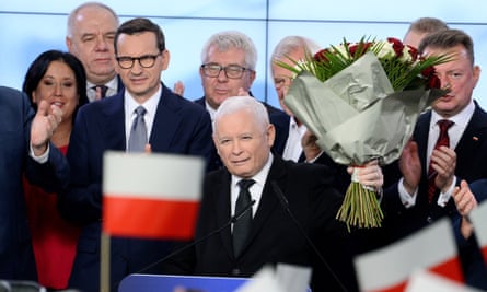 The leader of the ruling party, Jarosław Kaczyński, at an election night event hosted by the Law and Justice party