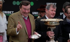 Nicky Henderson at the presentation ceremony after victory with Epatante in the the Champion Hurdle.