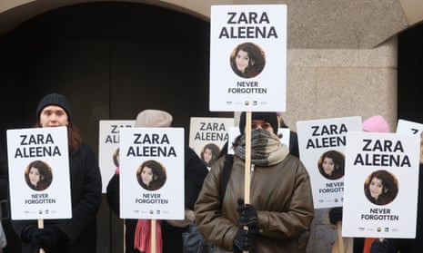 Protesters gather outside the Old Bailey in London before the sentencing of Jordan McSweeney for Zara Aleena’s murder.