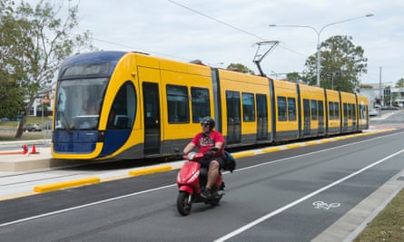 A light rail tram on the streets of Southport on the Gold Coast