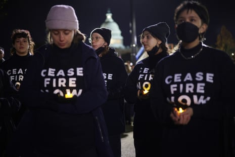 Protesters participate in a candlelight vigil against the war between Israel and Hamas on November 15, 2023 on Capitol Hill in Washington, DC. Jewish Voice for Peace and If Not Now held a candlelight vigil to call for a ceasefire in the Israel-Hamas war.
