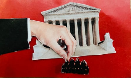 A graphic illustration of a white stone pillared building (the supreme court) and a white hand in a black jacket holding a cut-out of some of the justices in black robes, on a red background.