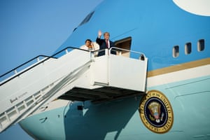 President Donald Trump and US first lady Melania Trump board Air Force One at London Stansted Airport on route to Scotland