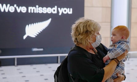 A passenger from New Zealand meets her grandson at Sydney Airport International in April 2021.