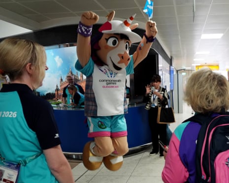 Finnie the unicorn, this year’s Commonwealth Games mascot, greets arrivals at Glasgow airport in the runup to the event