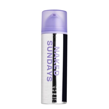Naked Sundays Cabana Clear Water Gel Serum can. The can is reflective silver with purple text and lid.