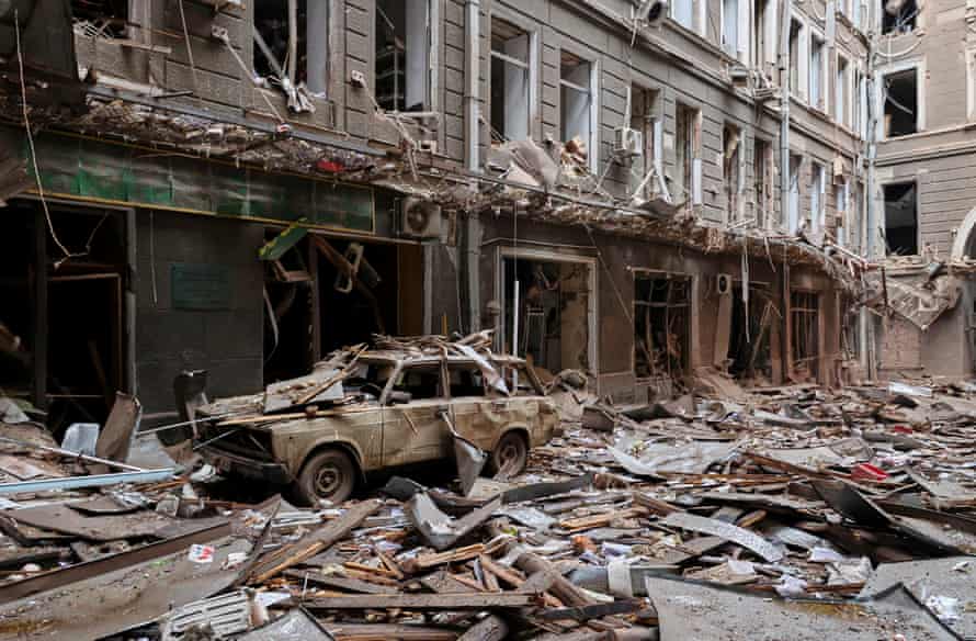 Damage after the shelling of buildings in downtown Kharkiv, Ukraine, 3 March