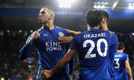 Islam Slimani celebrates after his stunning strike doubled Leicester’s lead.