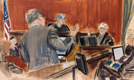 In this courtroom sketch, Robert De Niro, seated in background right, is being questioned by his attorney Laurent Drogen, in foreground, presided over by Judge Louis G. Lehman.