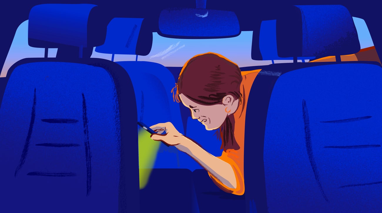 Illustration showing a woman searching in a car using a torch on her smartphone.