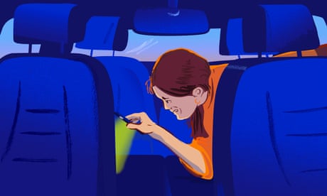 Illustration showing a woman searching in a car using a torch on her smartphone.