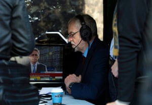 Labour Party Jeremy Corbyn gives a radio interview outside the Houses of Parliament on Radio 5