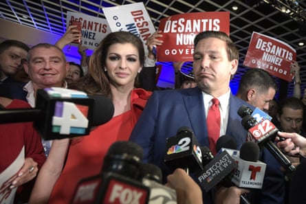 The then Florida governor-elect, Ron DeSantis, right, answers questions from reporters, with his wife Casey, after being declared the winner of the Florida gubernatorial race in November 2018.