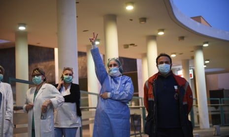 Greek health workers outside a hospital