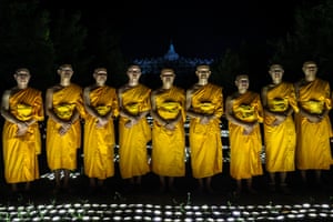 Buddhist monks in contemplation at Vesak Day, Borobudur Temple in Magelang, Indonesia.