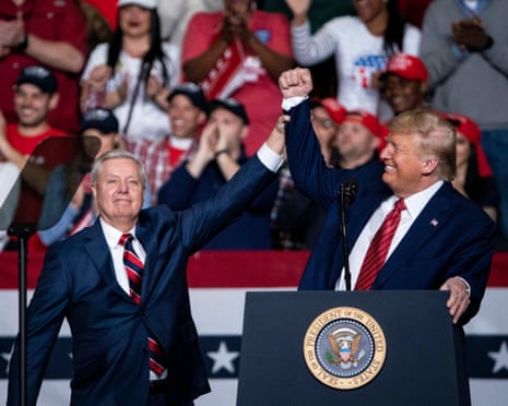 Donald Trump and Lindsey Graham during a campaign rally for his re-election in North Charleston, South Carolina, on 28 February 2020.